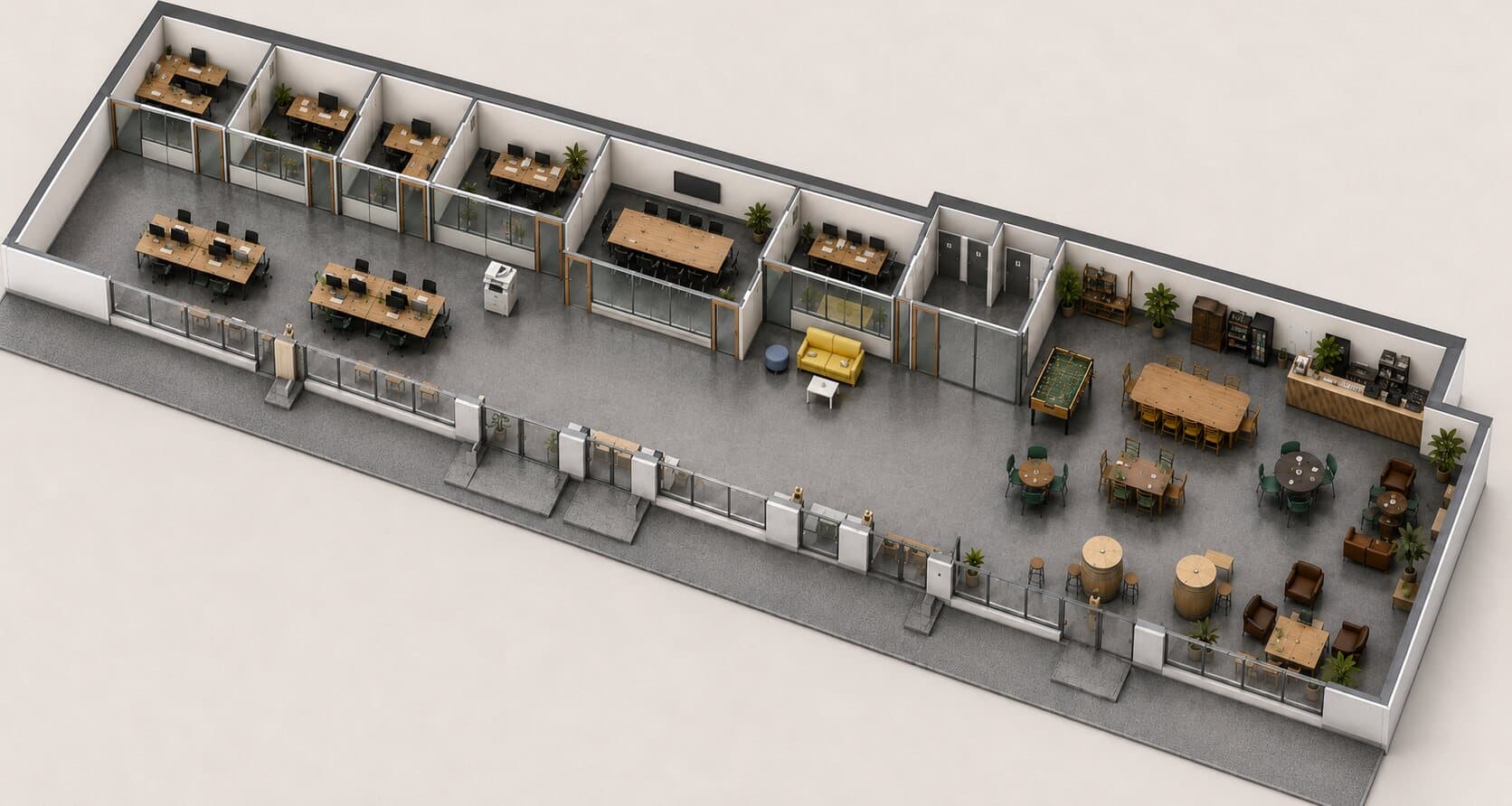 Vue 3D du lieu : open-space, bureaux fermés, salle de réunion et café associatif de La Bulle